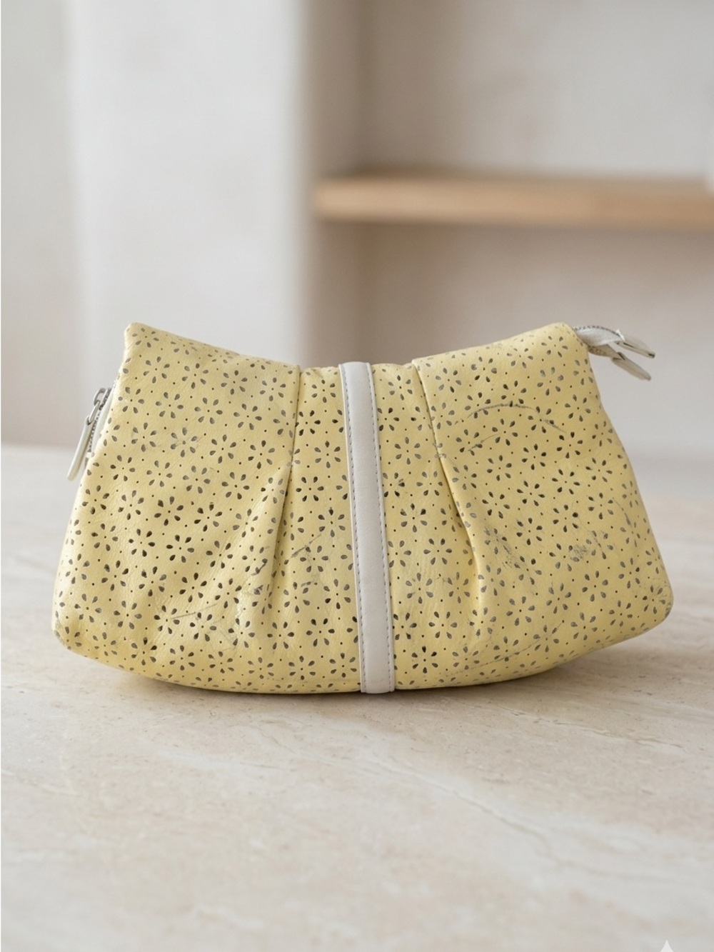 Brighton Patent Leather Minaudière Yellow Laser-Cut Clutch Handbag White Trim - Picture 4 of 8